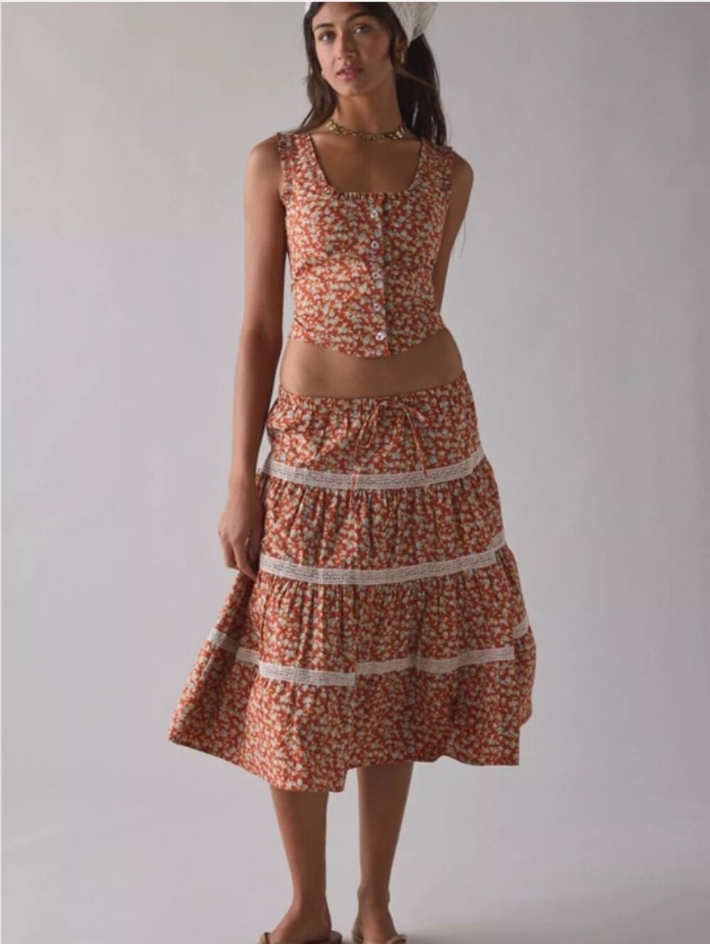Nwot Kimchi Blue Rust Floral Tiered Midi 2 Piece Dress - Women M